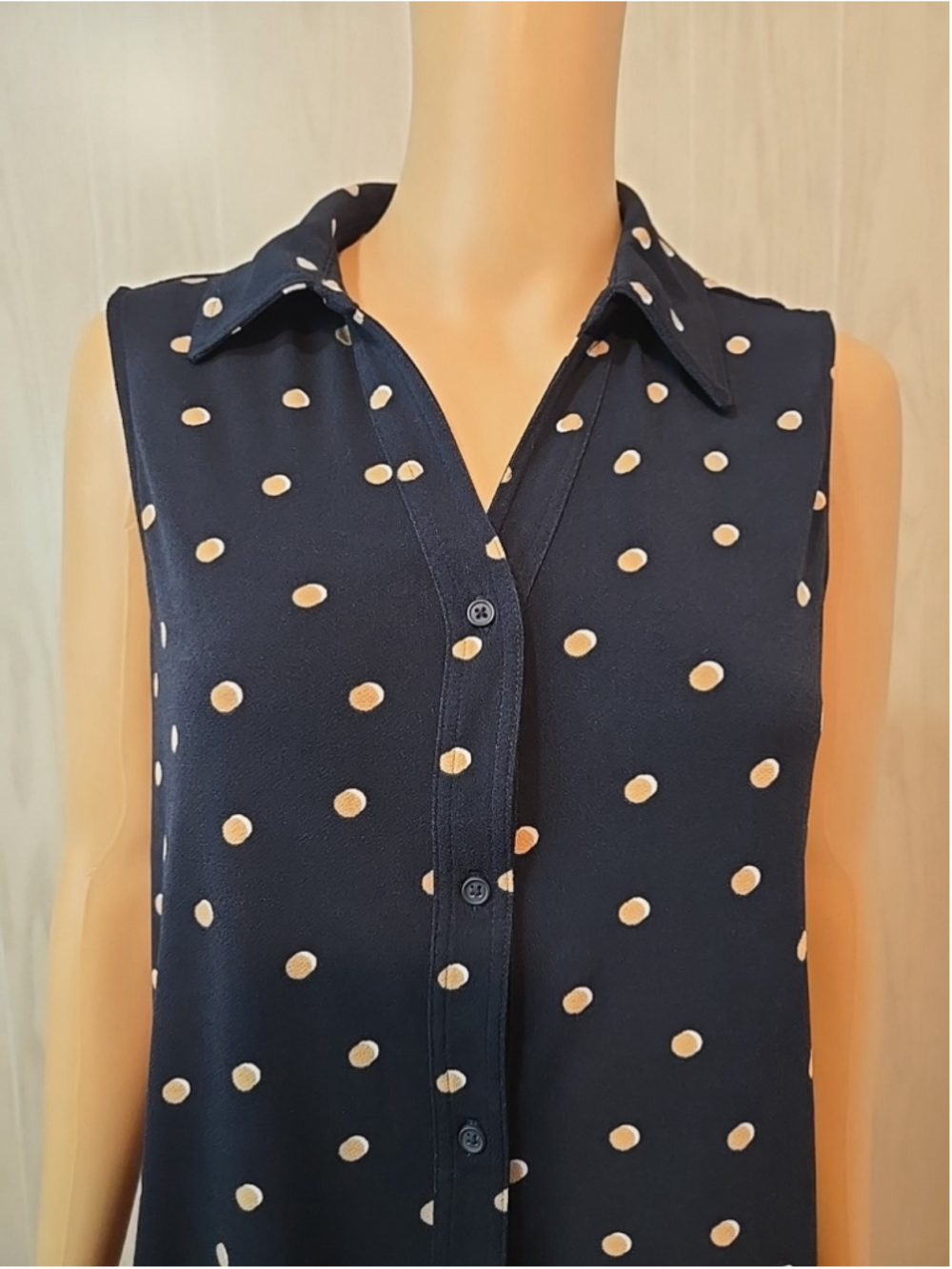 Adrianna Papell Medium Sleeveless Blouse Navy Polka Dot Office Top Workwear - Picture 6 of 9